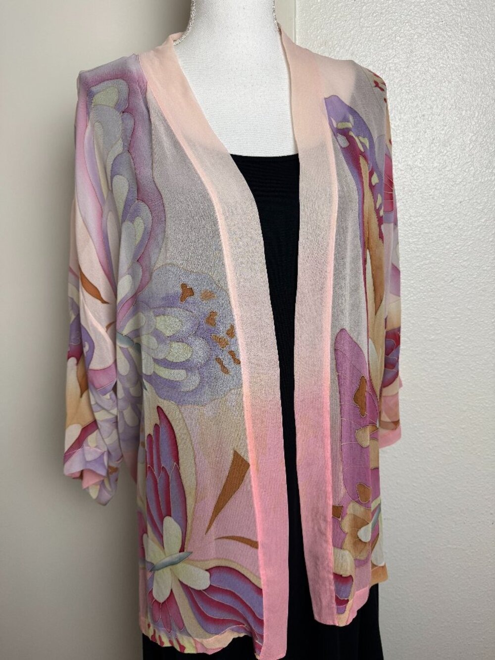 Sheer Pink Floral Open-Front Kimono Top